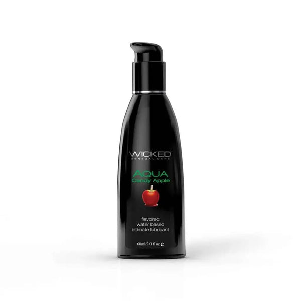 Wicked Aqua Candy Apple flavored water-based lubricant in a 60ml black pump bottle