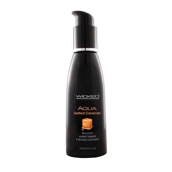 Wicked Aqua Salted Caramel flavored water-based lubricant in a sleek black pump bottle