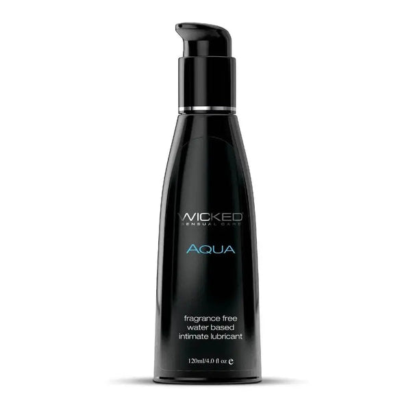 Wicked Aqua Water Based Lubricant in a sleek black 4 oz pump bottle, fragrance free