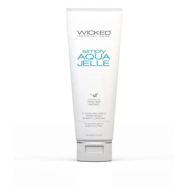 Wicked Simply Aqua Jelle tube, water-based intimate lubricant with olive leaf extract