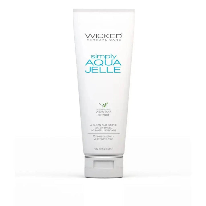Wicked Simply Aqua Jelle tube, water-based intimate lubricant with olive leaf extract