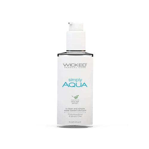 Wicked Simply Aqua water-based lubricant in a sleek white pump bottle, 2.3 oz