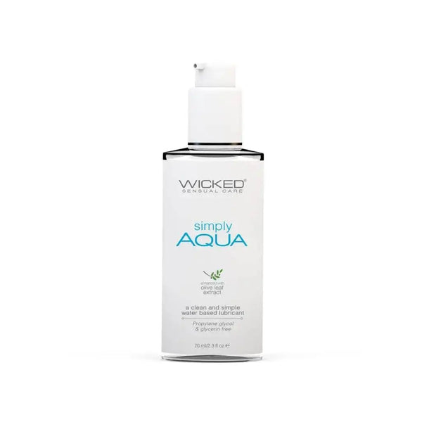 Wicked Simply Aqua water-based lubricant in a sleek white pump bottle, 2.3 oz