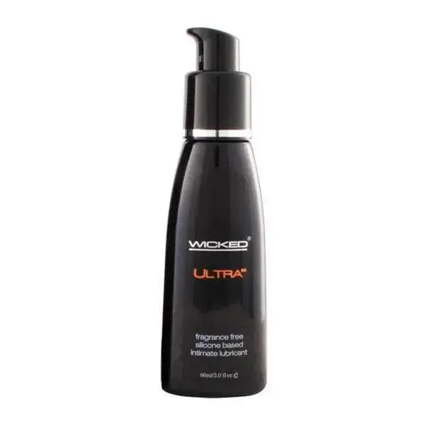 Wicked Ultra silicone-based intimate lubricant in a sleek black 2 oz pump bottle