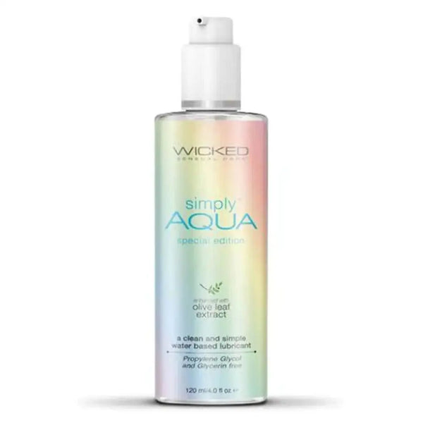 Wicked Simply Aqua Special Edition 4 oz water-based lubricant in iridescent bottle with pump