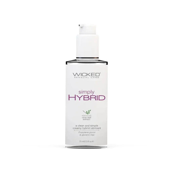 Wicked Simply Hybrid lubricant in a clear pump bottle with a clean white label