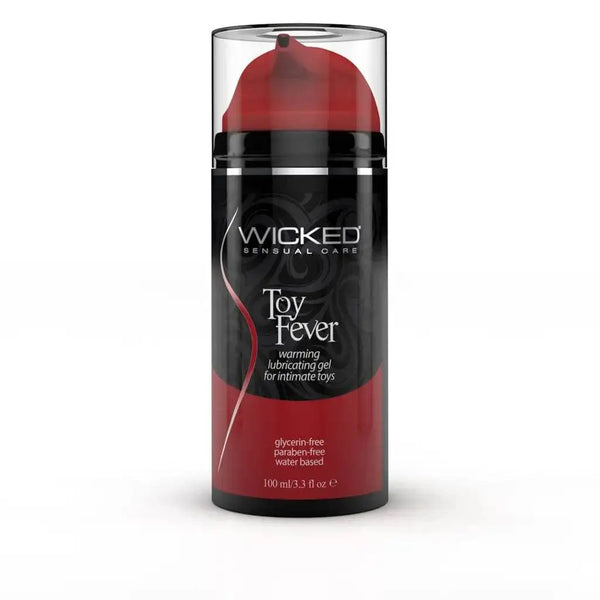 Wicked Toy Fever warming lubricating gel in a sleek black pump bottle, 100ml