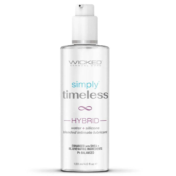 Wicked Simply Timeless Hybrid Lubricant 4 oz clear pump bottle, water and silicone blend