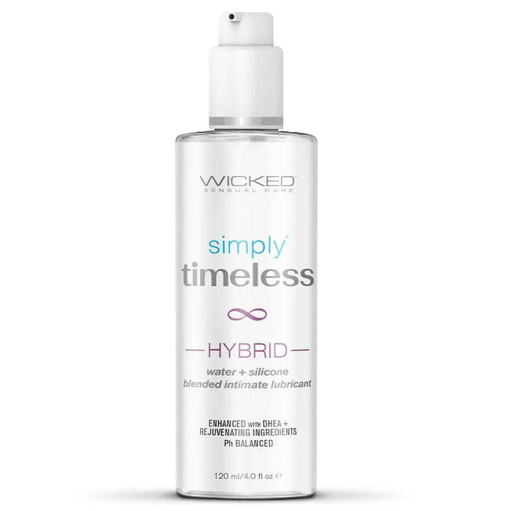 Wicked Simply Timeless Hybrid Lubricant 4 oz clear pump bottle, water and silicone blend