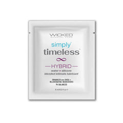 Wicked Simply Timeless Hybrid lubricant sachet, 6ml single-use packet, white with teal and purple text