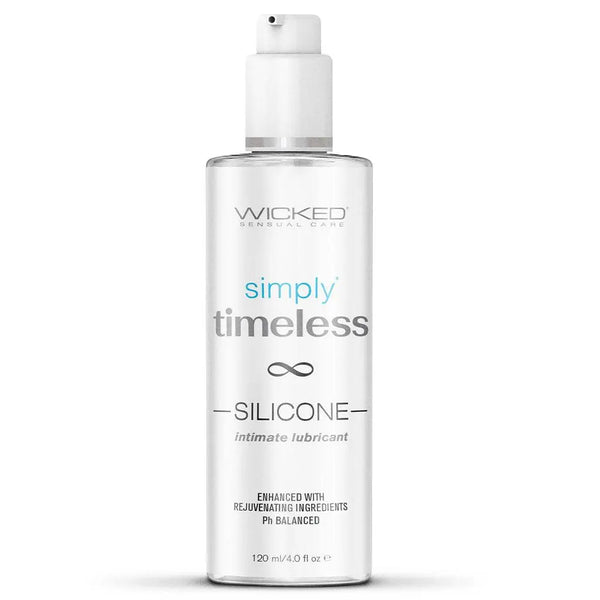 Wicked Simply Timeless Silicone Lubricant 4 oz clear pump bottle, front label view