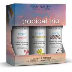 Wicked Simply Tropical Trio limited edition gift box containing three travel-size flavored lubricant bottles