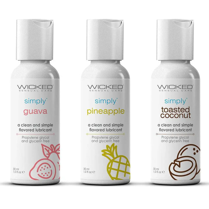 Wicked Simply Tropical Trio three 1 oz flavored lubricant bottles: guava, pineapple, toasted coconut