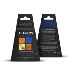 Wicked Teasers Coffee House Mix front and back packaging, black triangular box, 9 lubricant packettes
