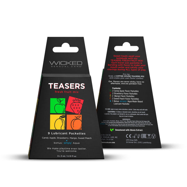 Wicked Teasers Fresh Fruit Mix 9-pack lubricant box shown front and back on white background