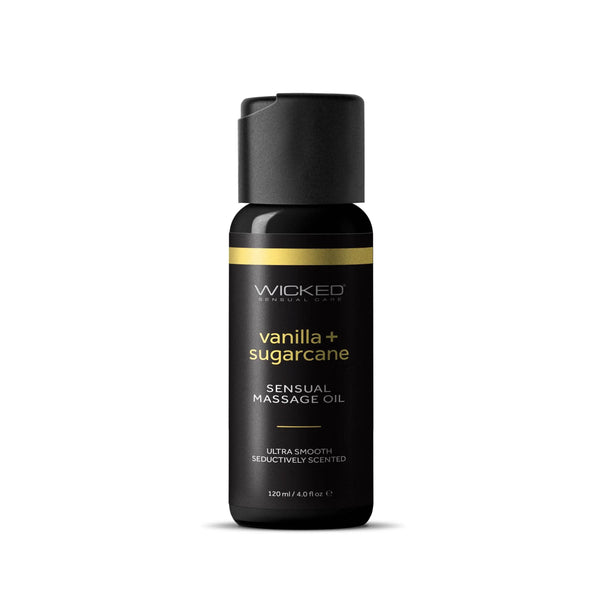 Wicked Vanilla Sugarcane Sensual Massage Oil 4oz black pump bottle, front view