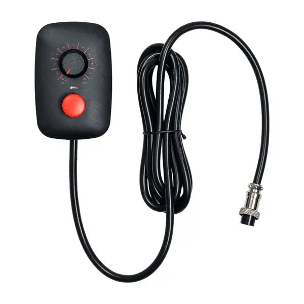 Wired hand controller with rotary speed dial and red power button on long cable