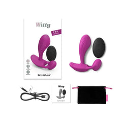 Witty P&G vibrator packaging, device, USB charging cable, manual, and storage pouch