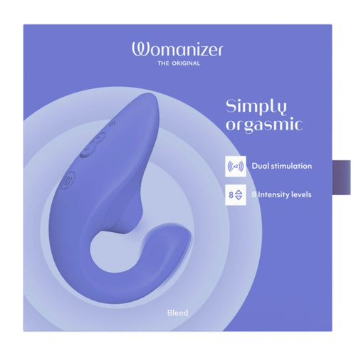 Womanizer Blend dual stimulator in vibrant blue on branded purple packaging box