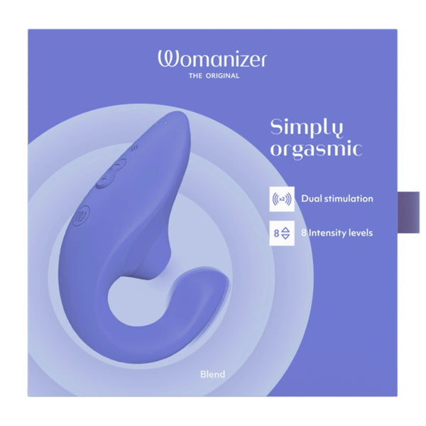 Womanizer Blend dual stimulator in vibrant blue on branded purple packaging box