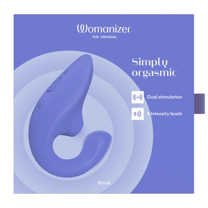Womanizer Blend dual stimulator in vibrant blue on branded purple packaging box