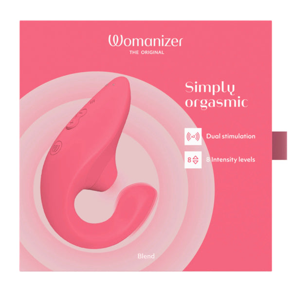 Womanizer Blend dual stimulator in vibrant rose on pink branded packaging, 8 intensity levels