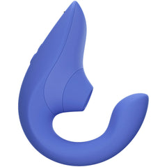 Womanizer Blend vibrator side profile showing curved ergonomic silicone body in blue