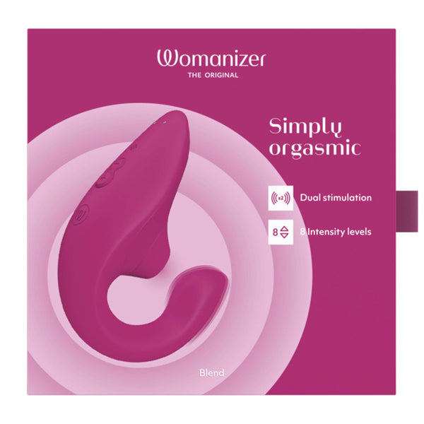 Womanizer Blend vibrator in vibrant pink packaging with dual stimulation callouts