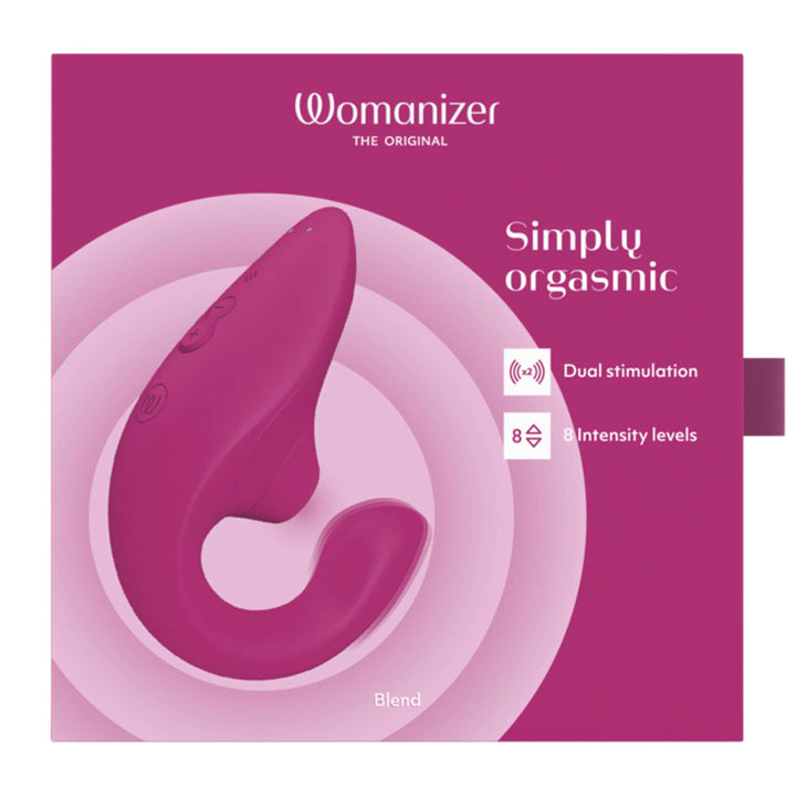 Womanizer Blend vibrator in vibrant pink packaging with dual stimulation callouts