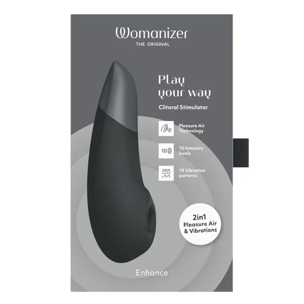 Womanizer Enhance packaging flat lay showing 2-in-1 Pleasure Air and vibration feature callouts