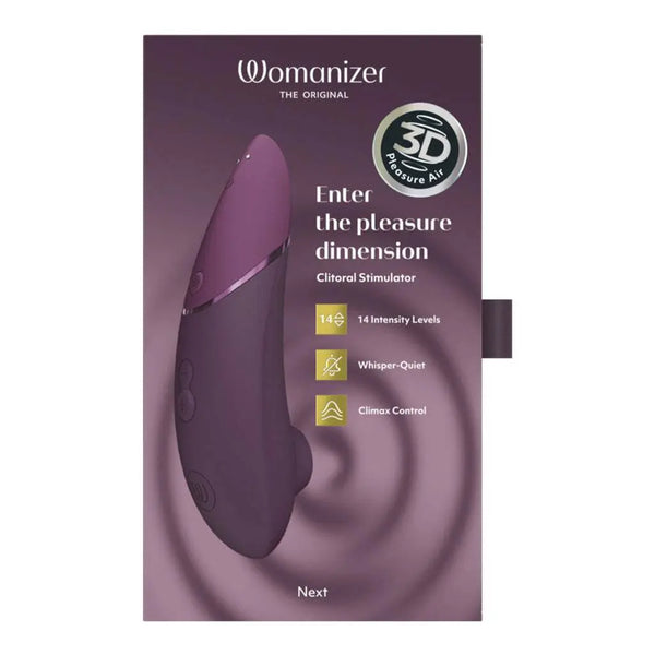 Womanizer Next clitoral stimulator in dark purple shown in retail box with 14 intensity levels noted