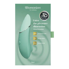 Womanizer Next clitoral stimulator in sage green packaging showing 14 intensity levels