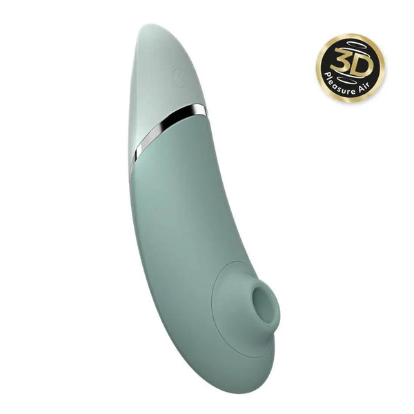 Womanizer Next sage green stimulator side view highlighting 3D Pleasure Air opening