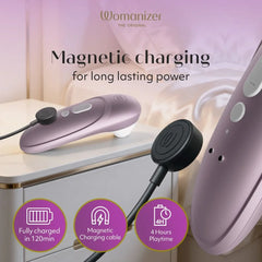Womanizer Pro on nightstand connected to magnetic charging cable, fully charged in 120 minutes