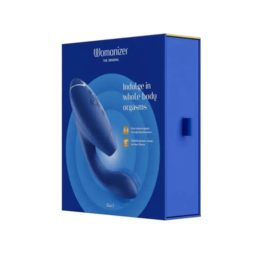Womanizer Duo 2 in Blueberry on blue branded packaging with dual-stimulation product details