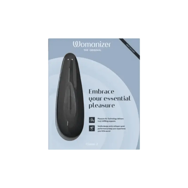 Womanizer Classic 2 in black shown in retail packaging with product details on a blue-grey box