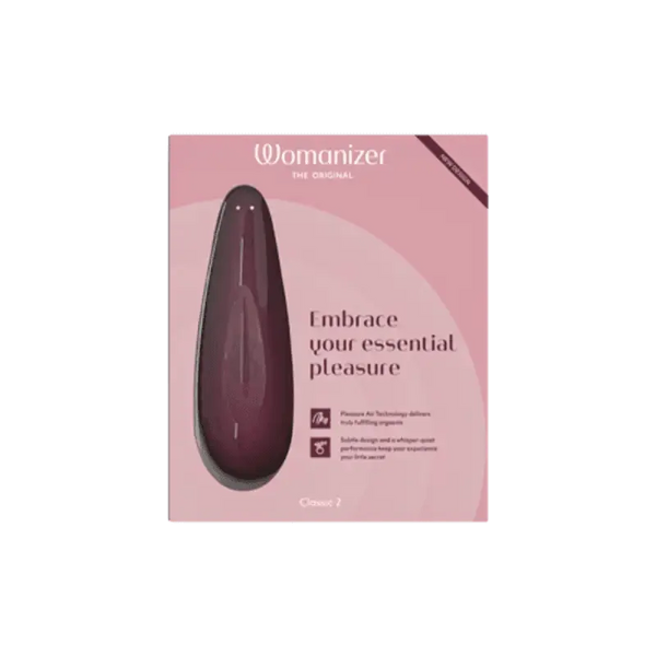 Womanizer Classic 2 in bordeaux shown in pink retail box with product visible