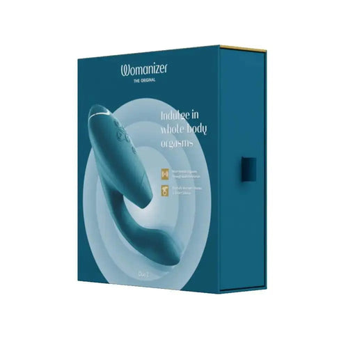 Womanizer Duo 2 vibrator in petrol blue shown in its teal gift-style retail box