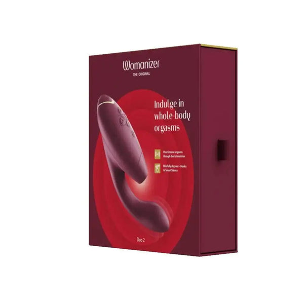 Womanizer Duo 2 vibrator box in deep bordeaux with gold accents and dual-stimulation design