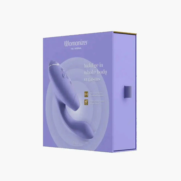Womanizer Duo 2 vibrator in lilac packaging, dual-stimulation design shown on box front