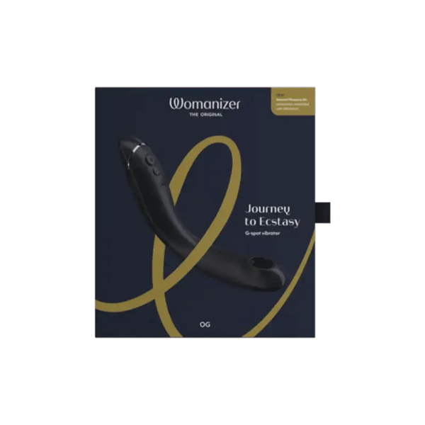 Womanizer OG G-spot vibrator in black, shown in dark navy retail box with gold accents