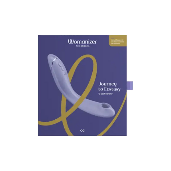 Womanizer OG G-spot vibrator packaging in deep blue with lilac device and gold accents