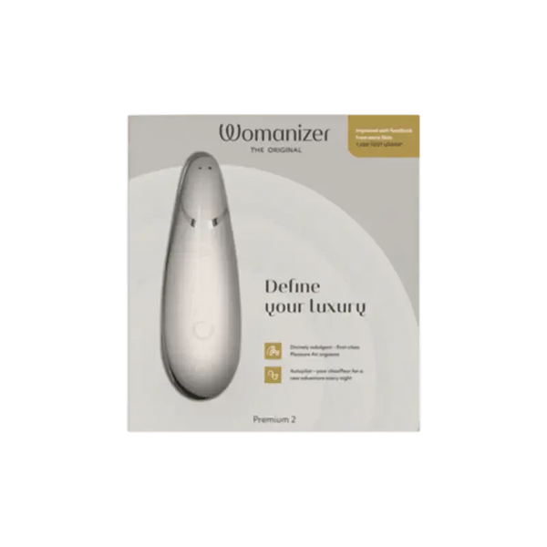 Womanizer Premium 2 clitoral stimulator in grey shown in retail packaging