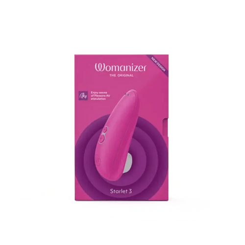 Womanizer Starlet 3 pink clitoral stimulator in magenta retail box with purple accent design