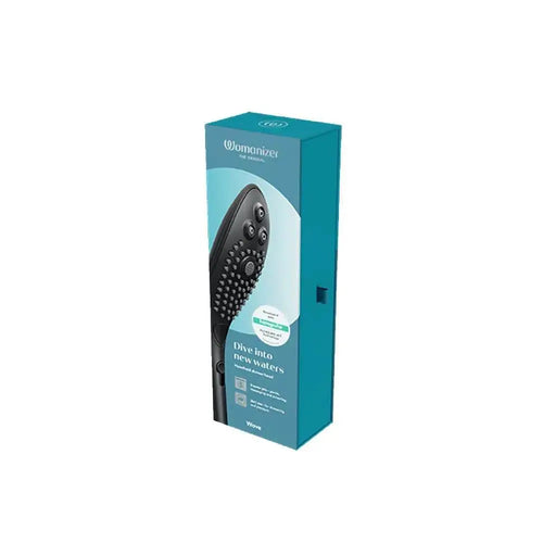 Womanizer Wave showerhead stimulator in teal retail box with product front view