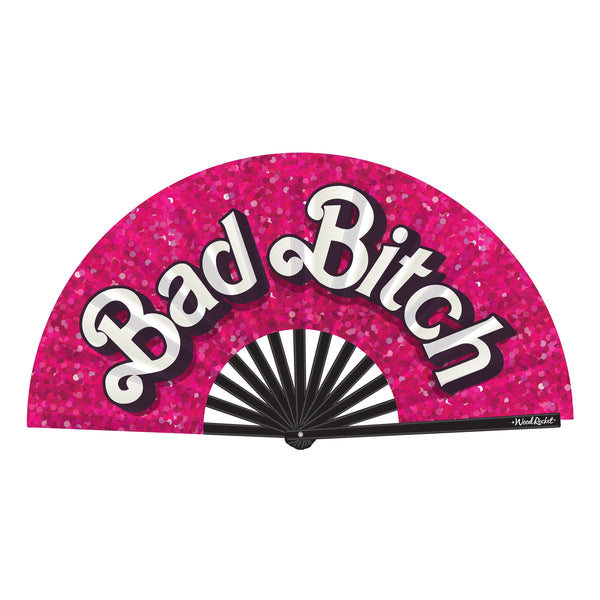 Wood Rocket Bad Bitch Fan open, hot-pink glitter print with bold white text, black ribs