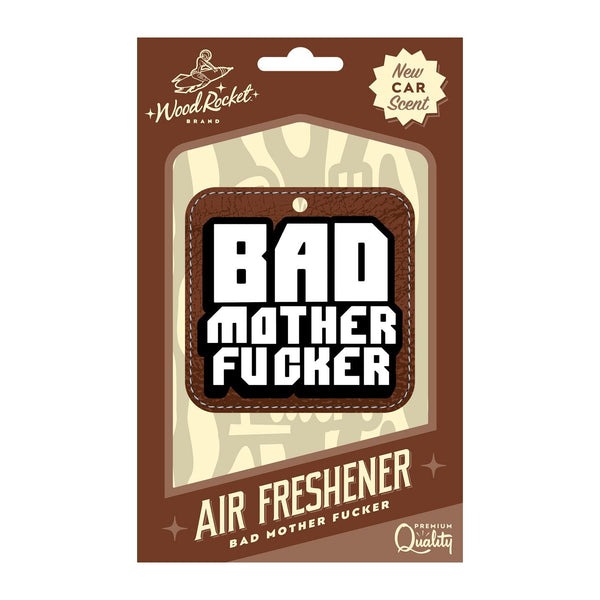 Wood Rocket Bad Mother Fucker Air Freshener in brown leather-look packaging, new car scent