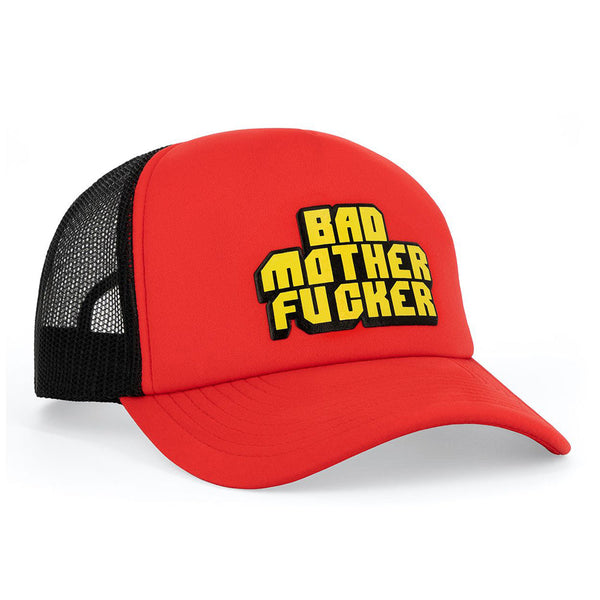 Wood Rocket Bad Mother Fucker red and black trucker hat, side angle showing mesh back panel