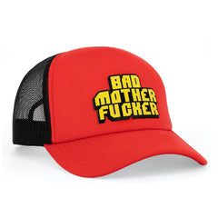 Wood Rocket Bad Mother Fucker red and black trucker hat, side angle showing mesh back panel