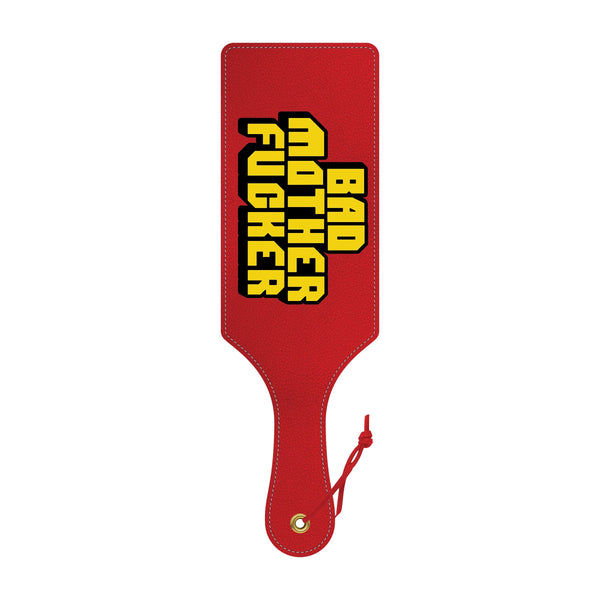 Wood Rocket Bad Mother Fucker red faux-leather paddle with bold yellow graphic print